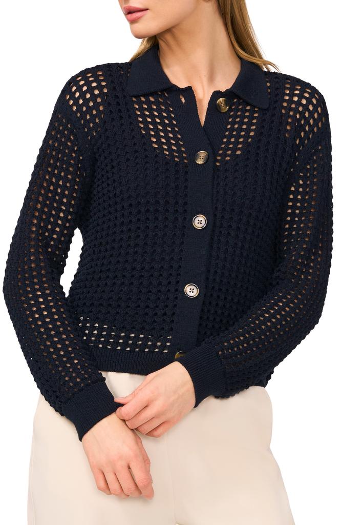 Halogen Recycled Polyester Open Weave Collar Cardigan