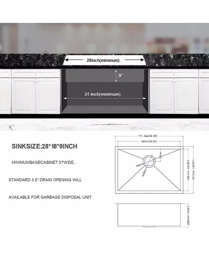 Flynama 28x18x9inch 16 Gauge 304 Stainless Steel Undermount Single Bowl Kitchen Sink with Drain Assembly No Additional Accessories 5