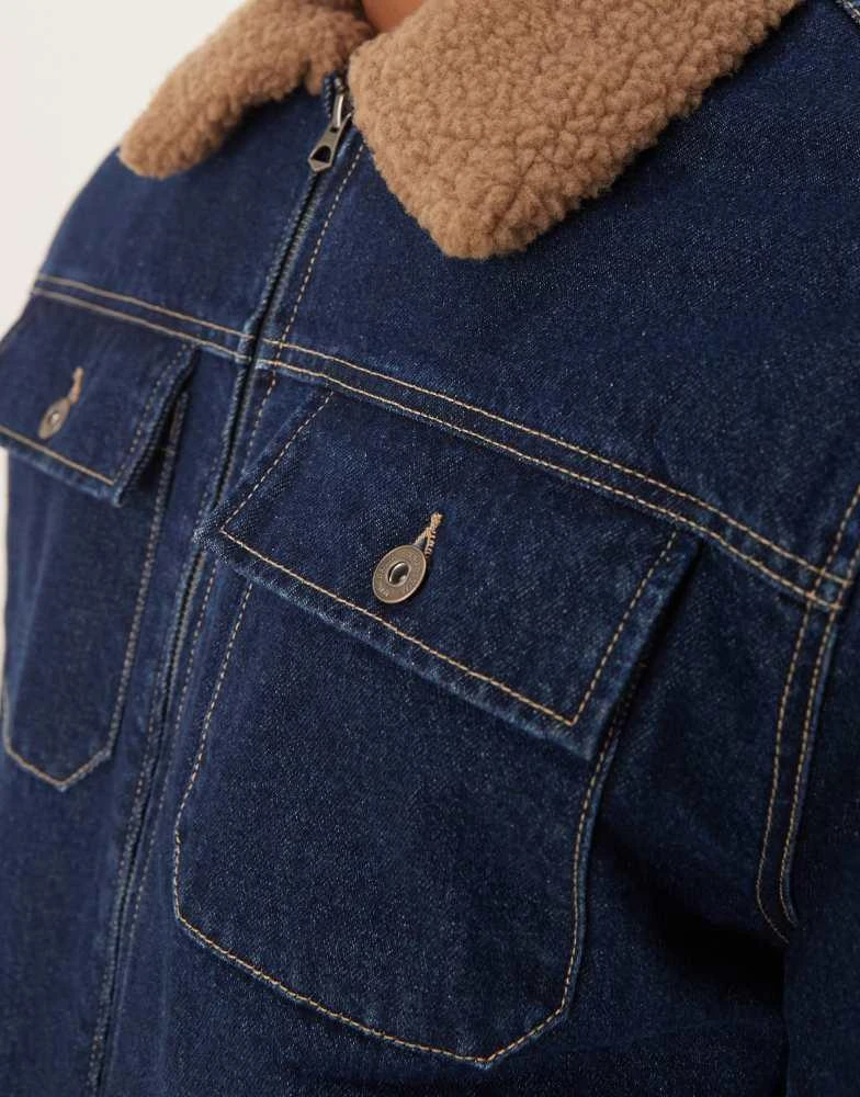 Mango Mango zip down shirt detail denim jacket with borg collar in dark denim 4