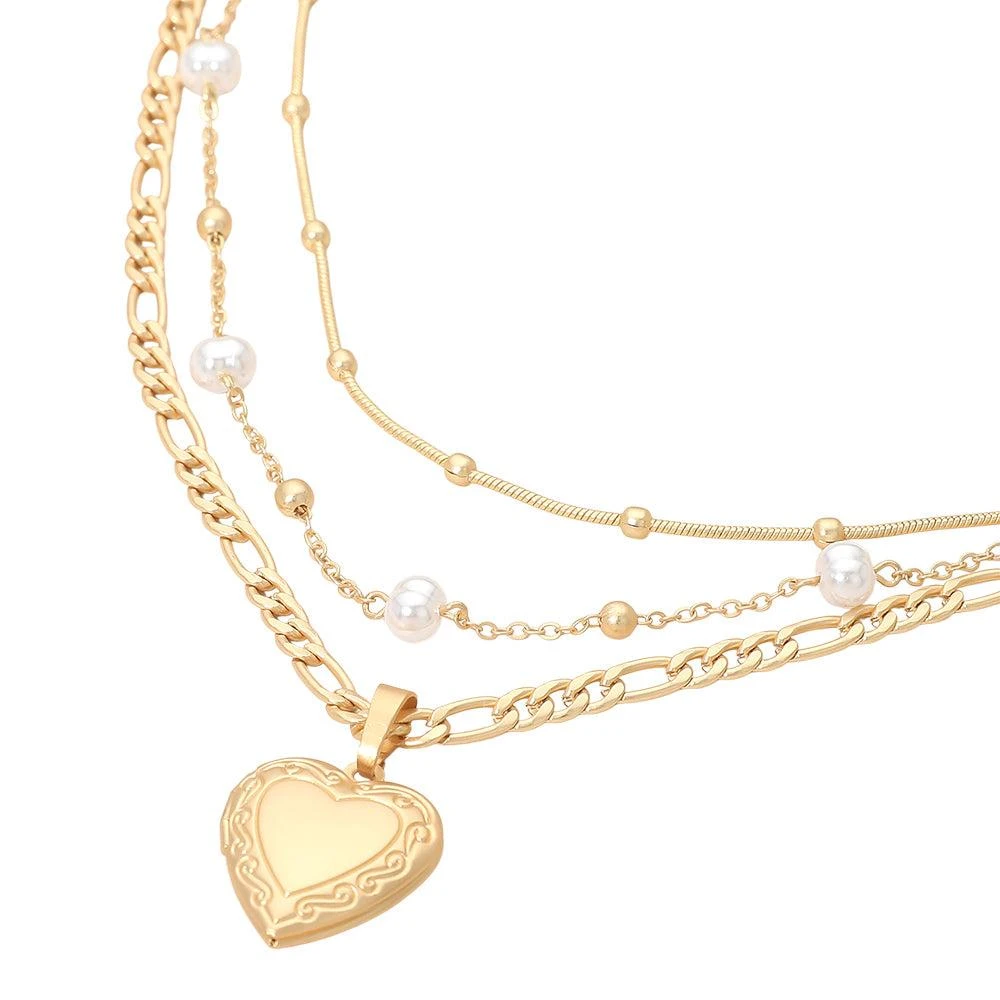 FASHNZFAB 3PCS - Heart Locket Pendant Pearl Station Bead Chain Layered Necklaces 2