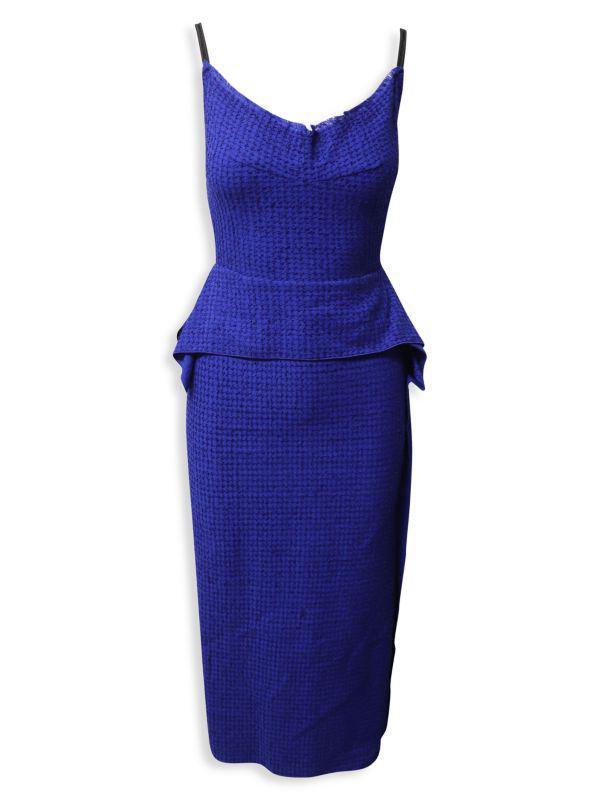 Roland Mouret Roland Mouret Peplum Tweed Midi Dress In Blue Cotton
