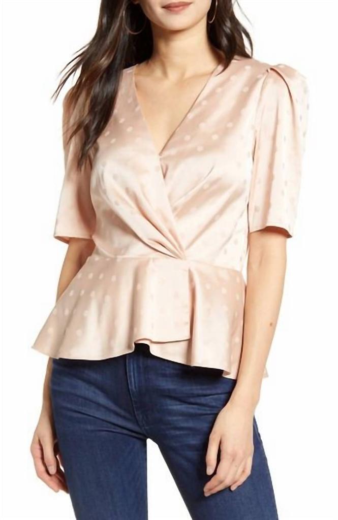 Chelsea28 Chelsea28 - Polka Dots Surplice V-Neck Short Puff Sleeve Satin Top