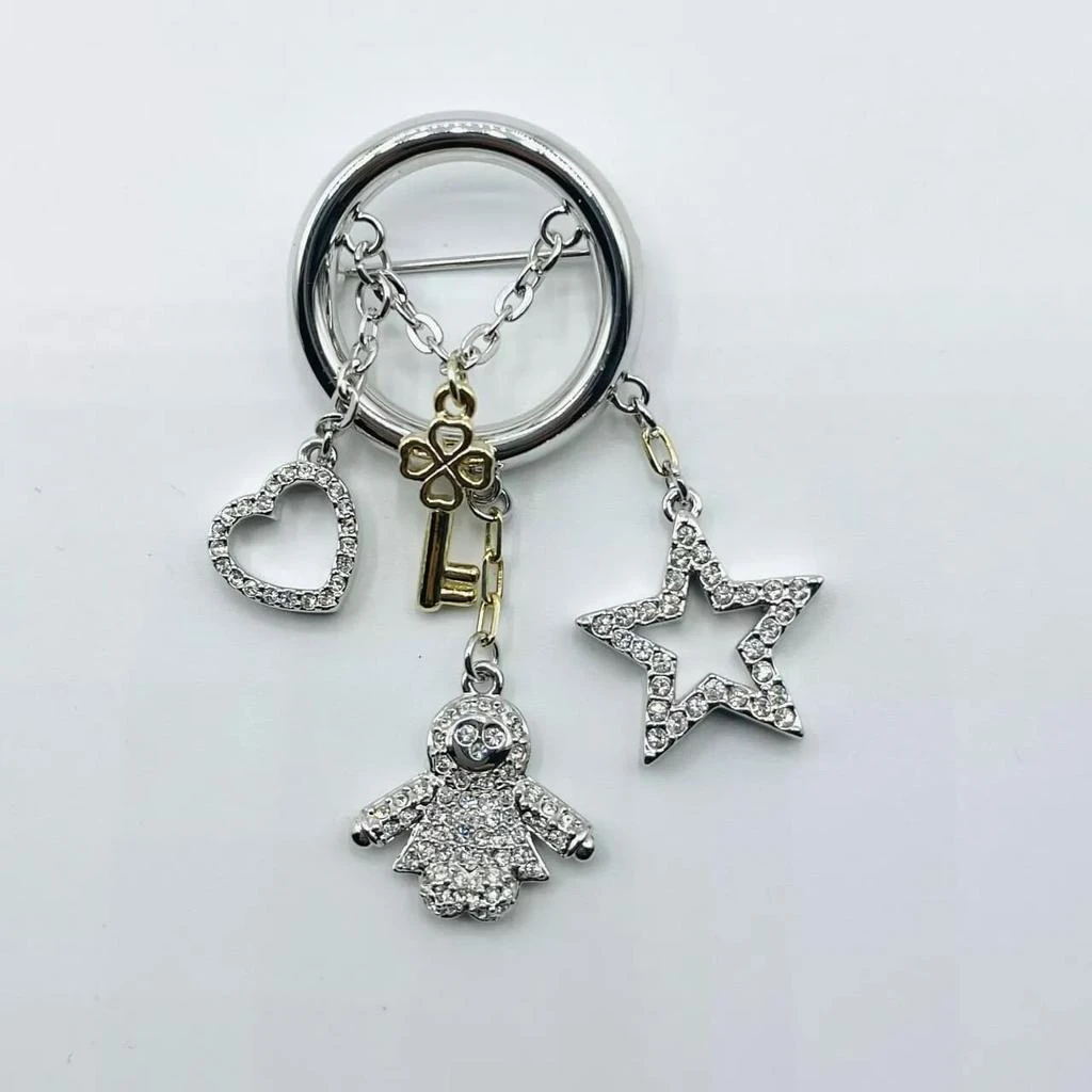 Swarovski Rhodium Key Heart Star and Doll Charms Circle Brooch