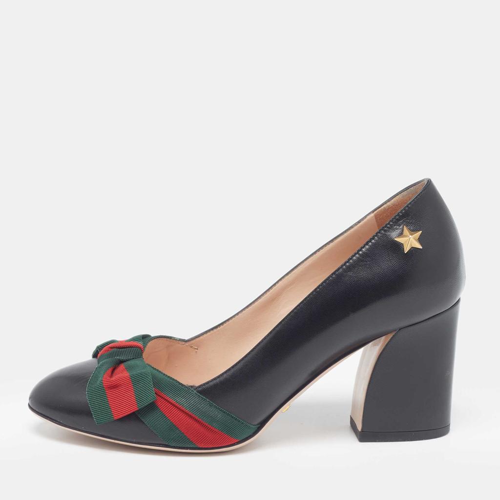二手商品] Gucci Gucci Black Leather Web Bow Block Heel Pumps
