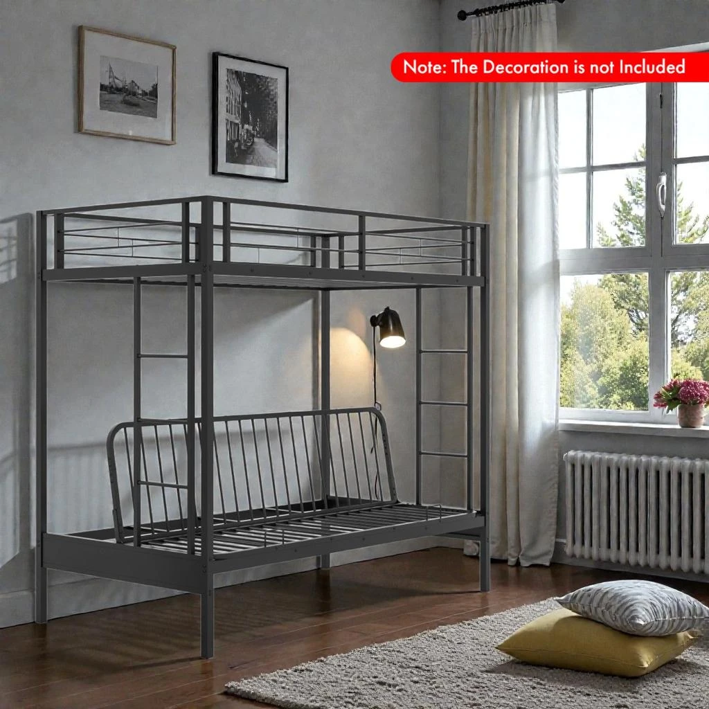 Hivvago Space-Saving Twin Over Futon Bunk Bed with Guardrails and 2 Ladders 2
