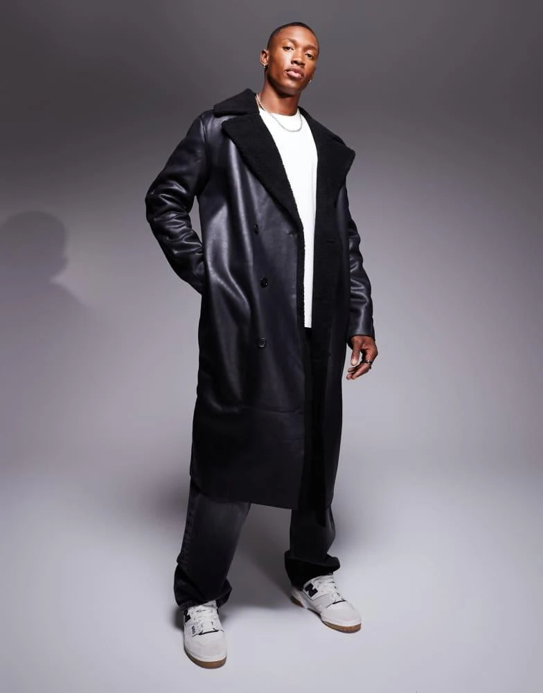 ASOS ASOS DESIGN faux leather trench coat with borg lining in black 1
