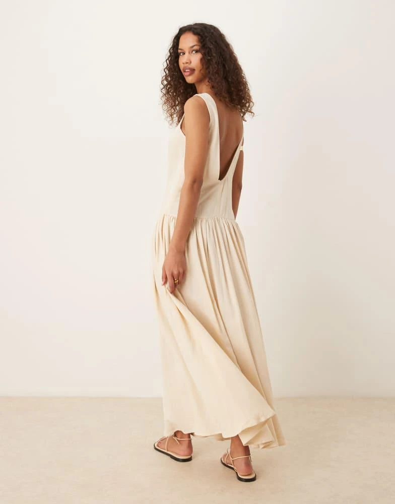 ASOS Design linen look low back dropped waist maxi dress in beige-Neutral