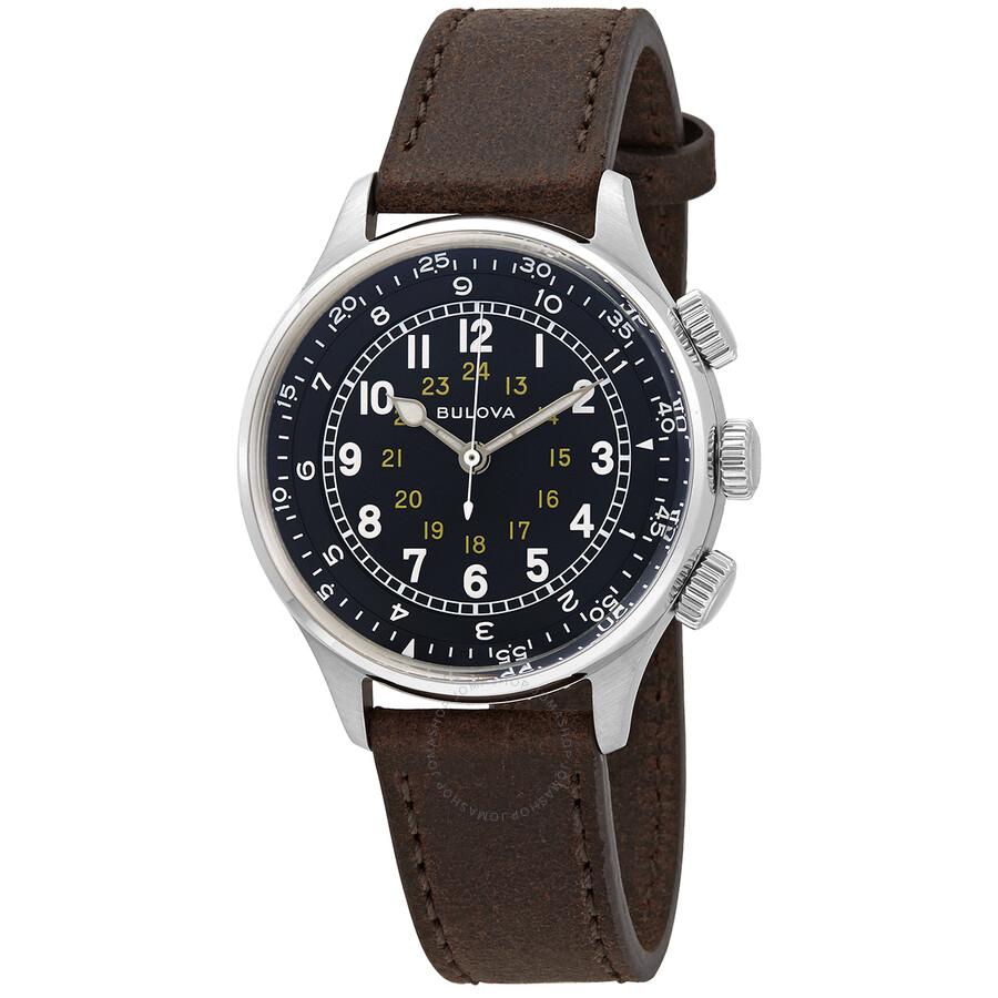 Bulova A-15 Pilot Automatic Black Dial Brown Leather Men's Watch 96A245