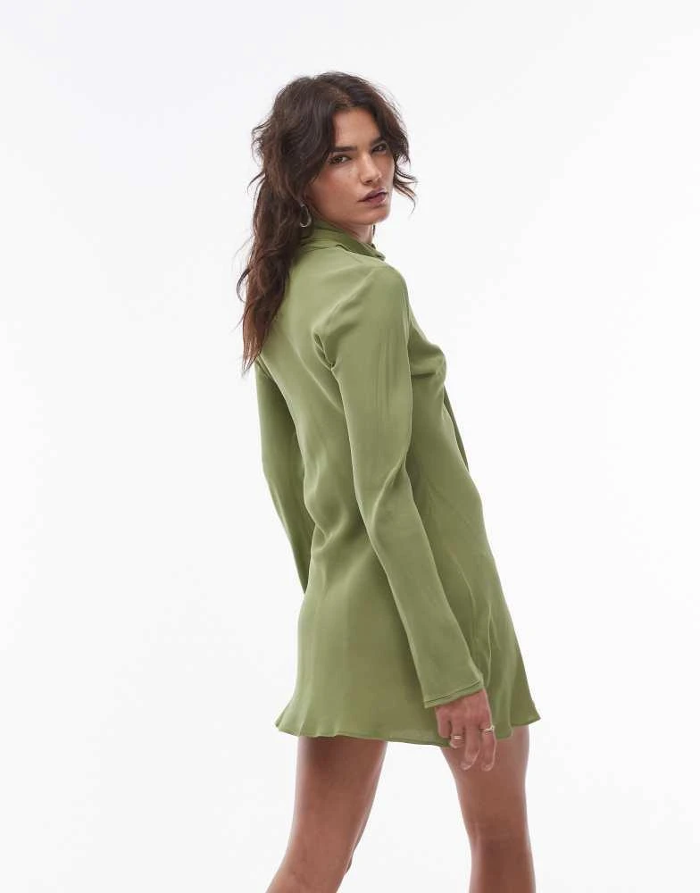 Mango Mango Capsule neck tie mini dress with sleeve detail in green 4