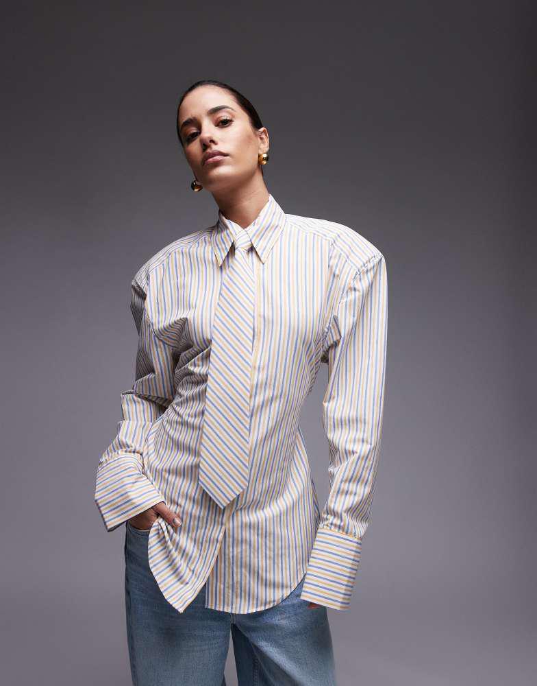 ASOS ASOS DESIGN cinch waist shirt with shoulder pads and tie in yellow stripe
