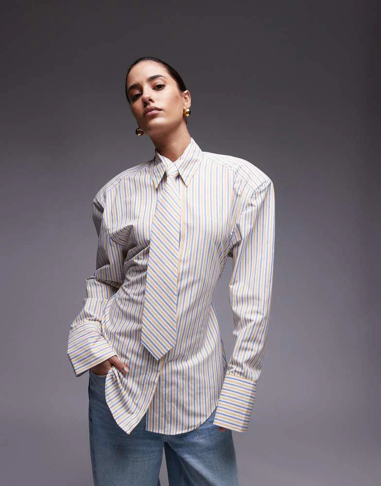 ASOS ASOS DESIGN cinch waist shirt with shoulder pads and tie in yellow stripe 1