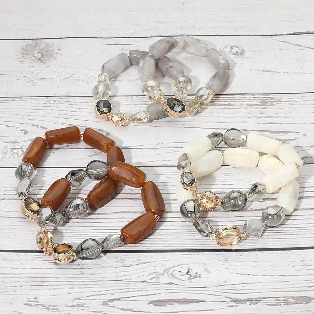 FASHNZFAB 2PCS - Chunky Marbled Resin Pebble Faceted Stone Beaded Stretch Multi Layered Bracelets 5