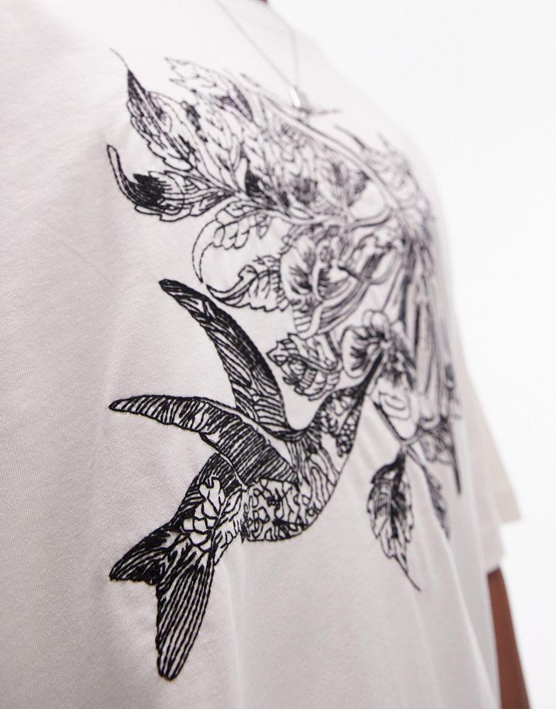 Topman Topman premium extreme oversized fit t-shirt with humming bird embroidery in ecru