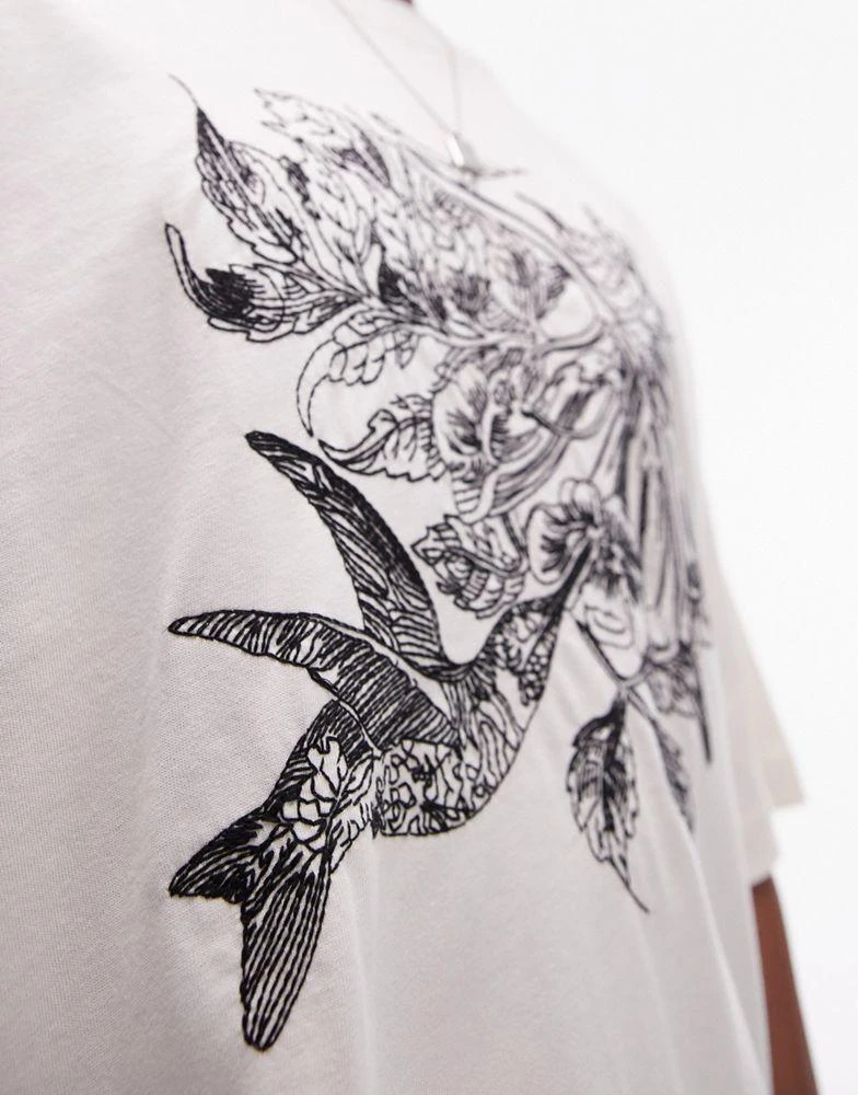 Topman Topman premium extreme oversized fit t-shirt with humming bird embroidery in ecru 2