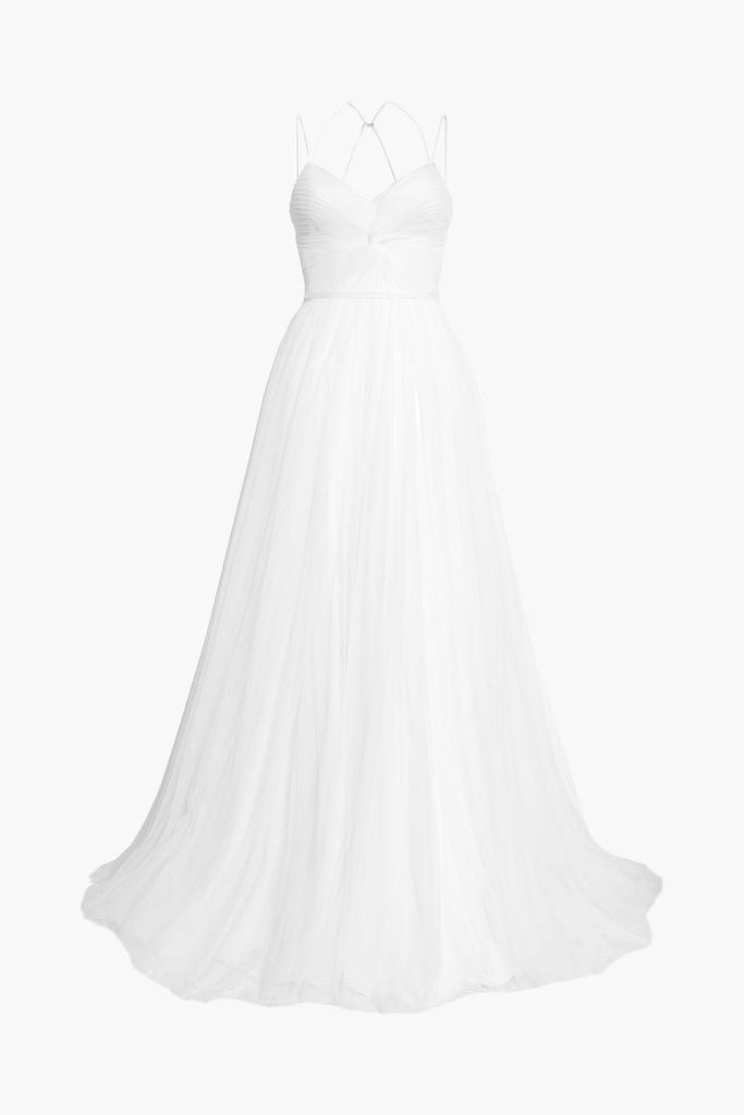 Theia Belted twist-front pleated tulle bridal gown