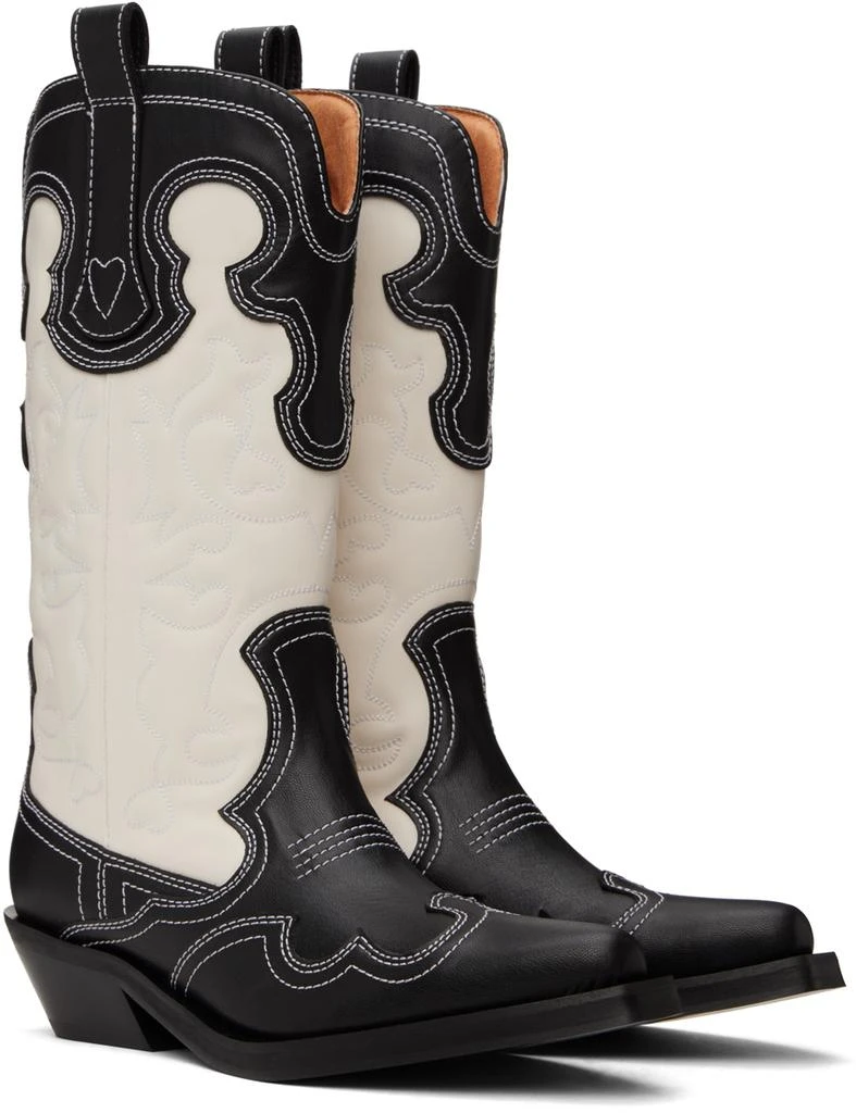 Ganni Black & White Mid Shaft Embroidered Western Boots 4