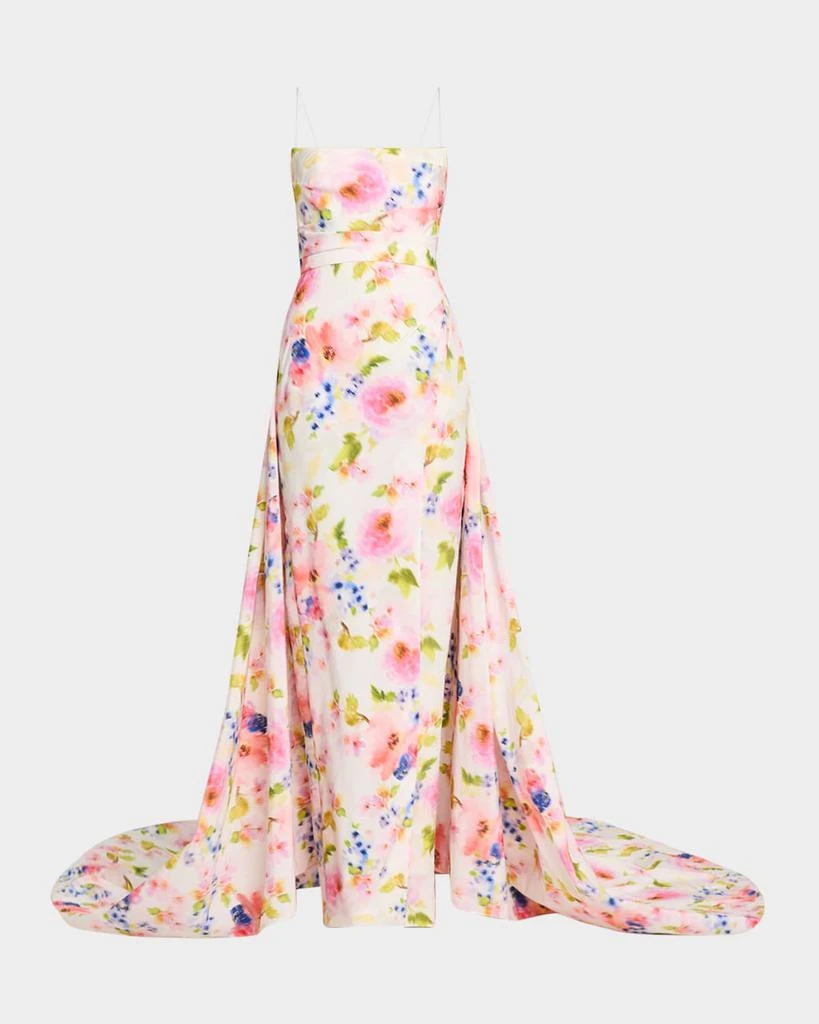 Pamella Roland Strapless White Multi Floral Taffeta Overskirt-Train Gown 1