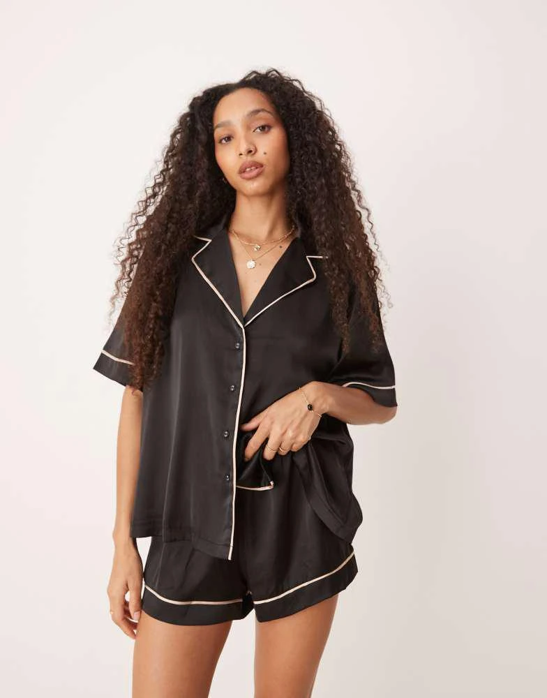 ASOS ASOS DESIGN oversized satin short sleeve shirt and short pyjama set in black