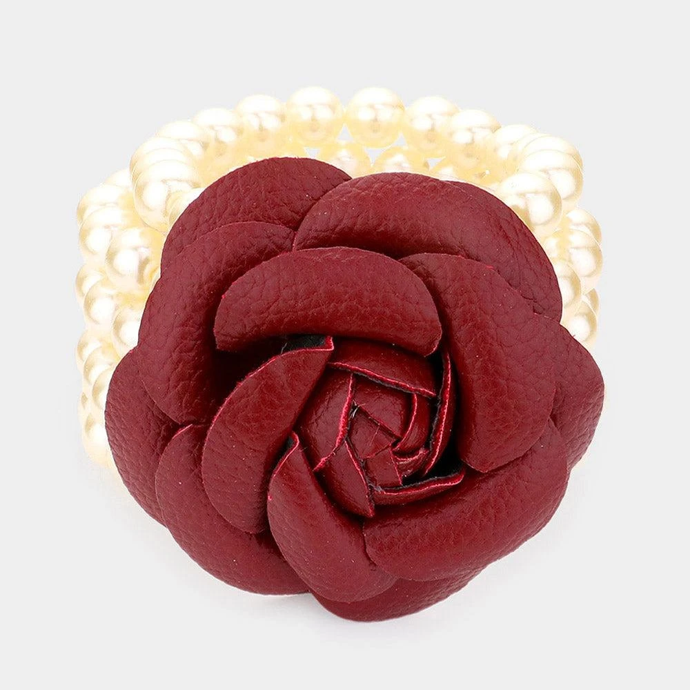 FASHNZFAB Chunky Rose Pearl Bracelet Burgundy, Cream