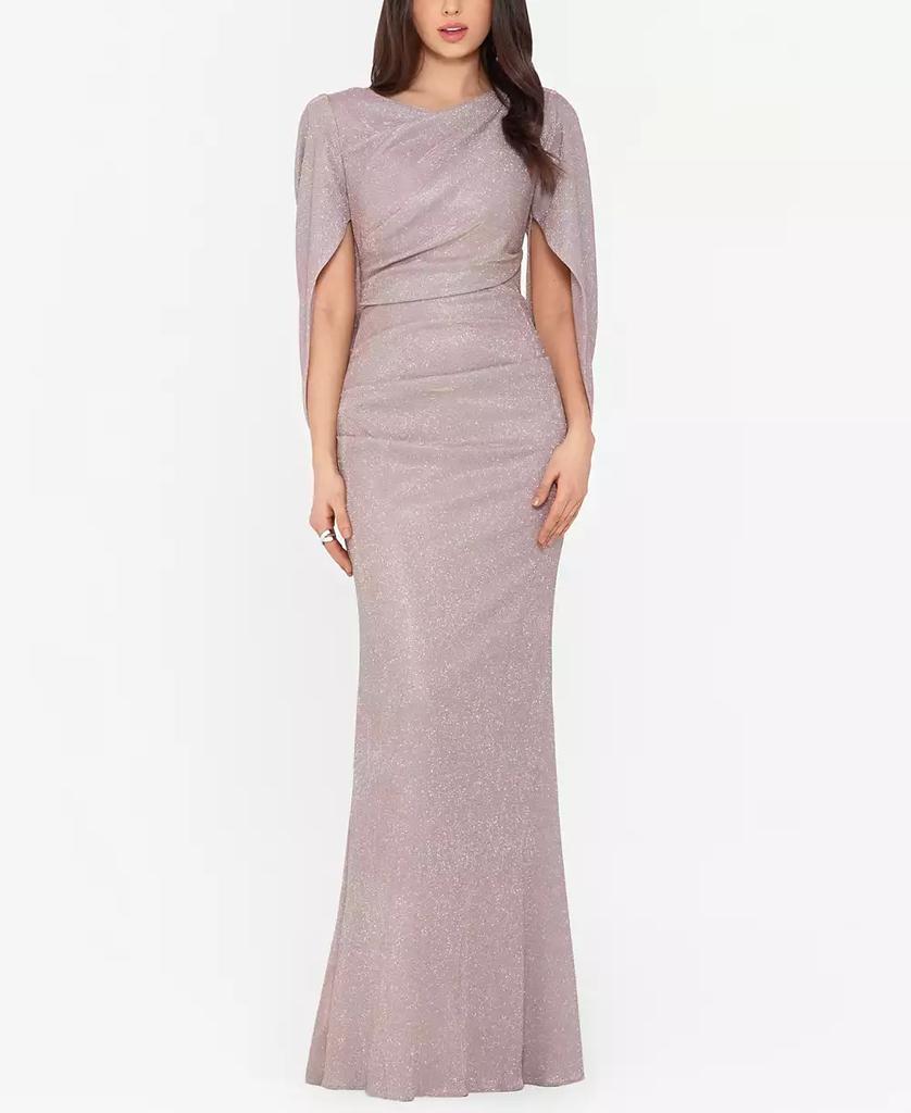 Betsy & Adam Glitter Drape-Back Cape Gown