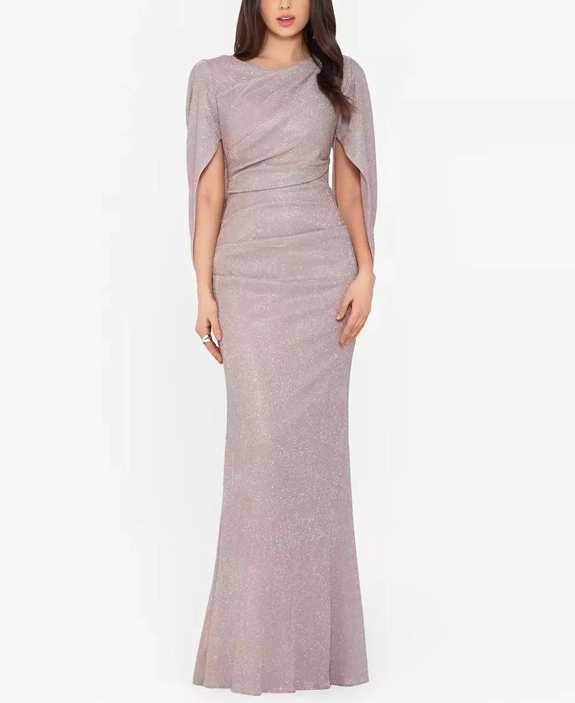 Betsy & Adam Glitter Drape-Back Cape Gown 1
