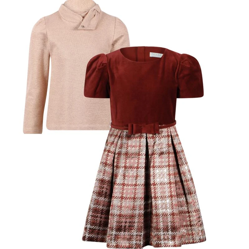 Abel & Lula Houndstooth print dress and collar detailing shimmering blouse set in burgundy red and pink 1