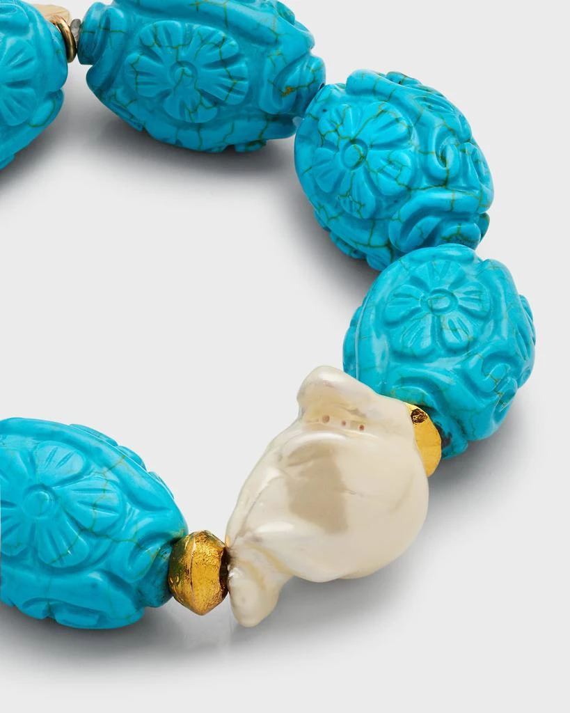 Devon Leigh Pearl and Carved Turquoise-Colored Stretch Bracelet 3