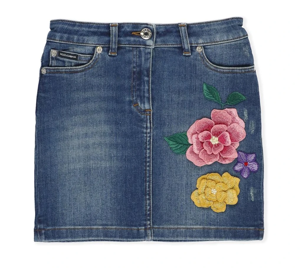 Dolce & Gabbana Dolce & Gabbana Kids 3D Flower Embroidered Denim Skirt 1