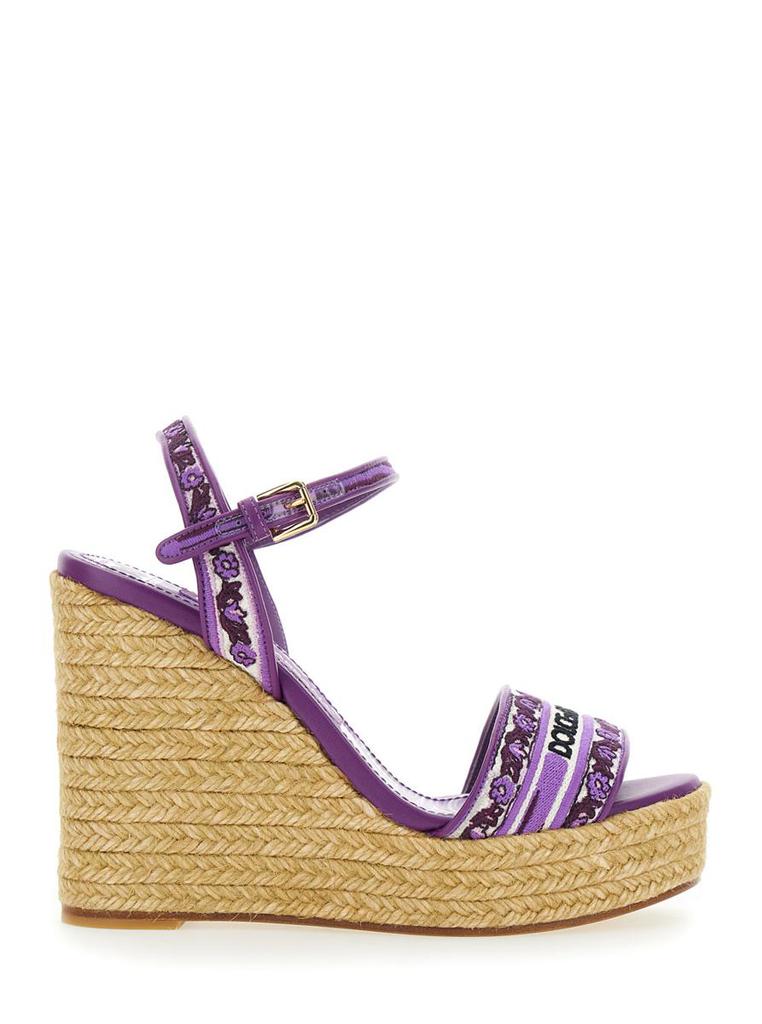Dolce & Gabbana Violet Wedges With Logo Embroidery On The Front And All-Over Majolica Motif In Cotton Blend Woman