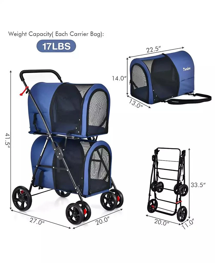 SUGIFT 4-in-1 Double Pet Stroller with Dog/Cat Carriers and Travel Carriage 2