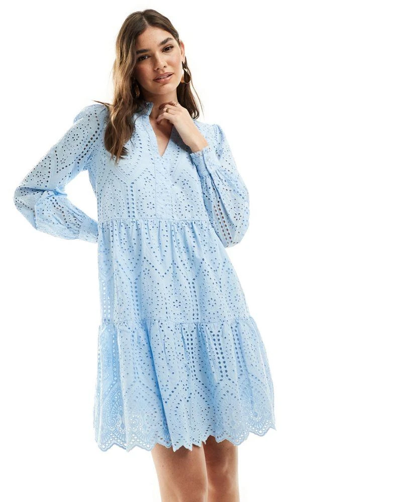 Y.A.S. YAS broderie smock mini dress in baby blue - LBLUE 4