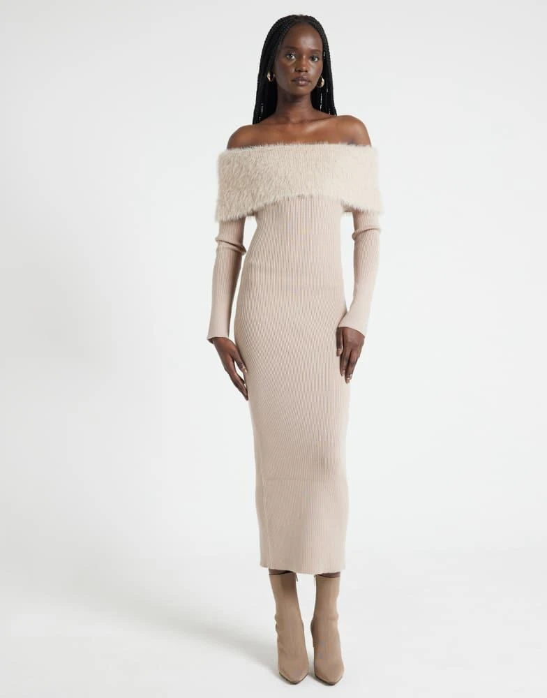 River Island bardot knitted midi dress with fluff detail in mink  On Sale  Now with Up to 33% Off | Discover Exclusive Deals & Savings at BeyondStyle   Authentic River Island