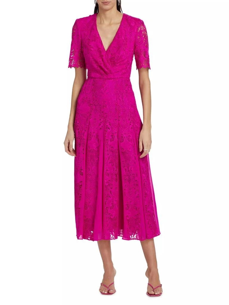 Badgley Mischka Lace Georgette Belted Midi-Dress 6