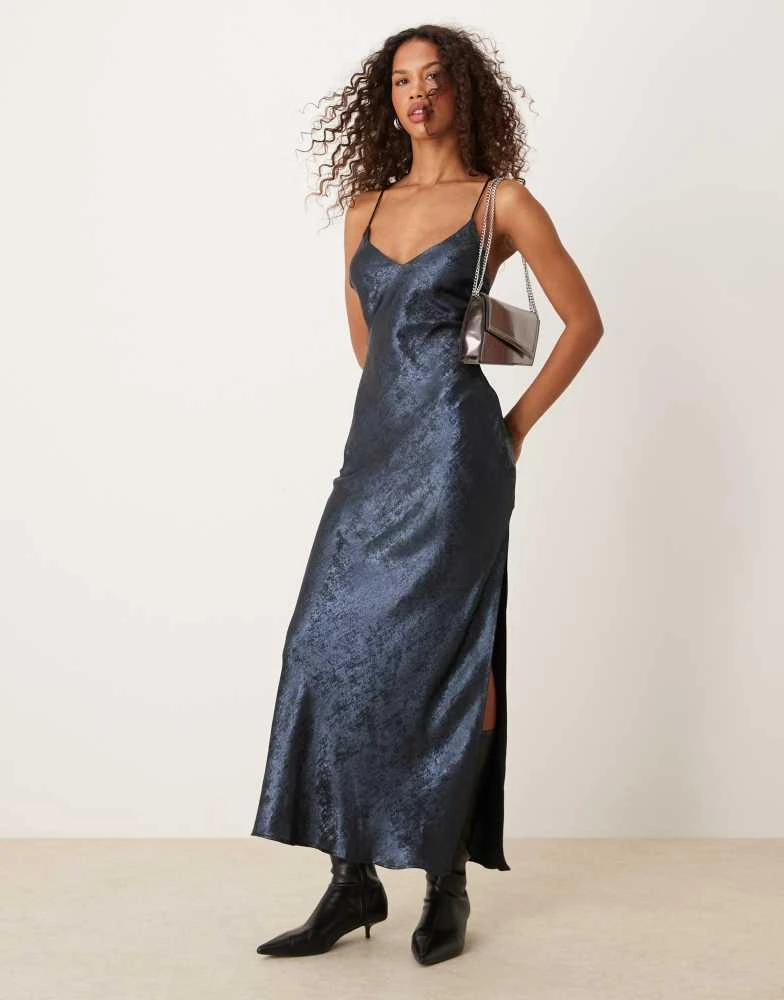 Miss Selfridge Miss Selfridge metallic strappy maxi dress in blue 1