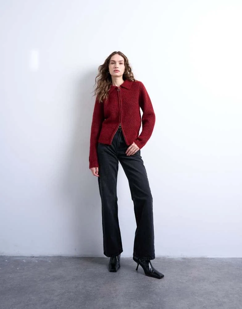 Topshop Topshop knitted collar zip ring cardigan in red 4