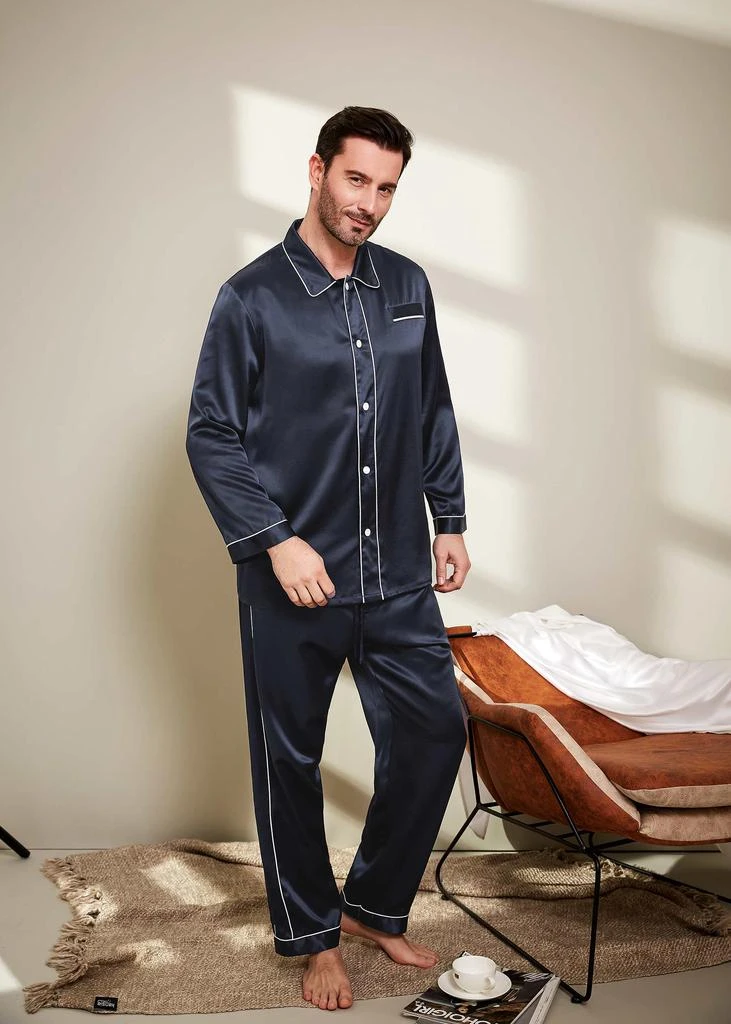 LILYSILK Men's 22 Momme Unique Silk Pajamas Set with Double Row Pipping 3