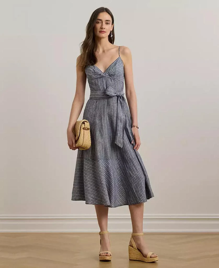 Ralph Lauren Women's Striped Belted Linen Sleeveless Dress 1