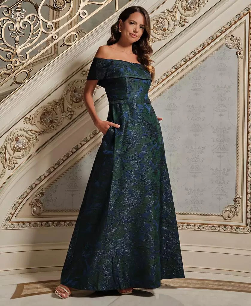 Xscape Women's Jacquard Off-The-Shoulder Ball Gown - Navy/Green - 4 Xscape Women's Jacquard Off-The-Shoulder Ball Gown - Navy/Green - 4