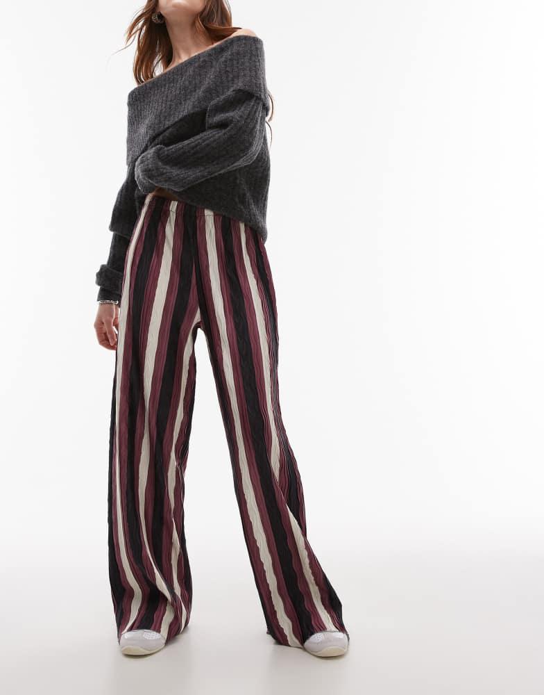 Topshop Topshop stripe plisse wide leg trouser in burgundy