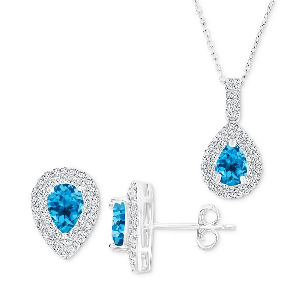 Macy's 2-Pc. Set Swiss Blue Topaz (2-7/8 ct. t.w.) & Lab-Grown White Sapphire (1 ct. t.w.) Teardrop Halo Pendant Necklace & Matching Stud Earrings in Sterling Silver
