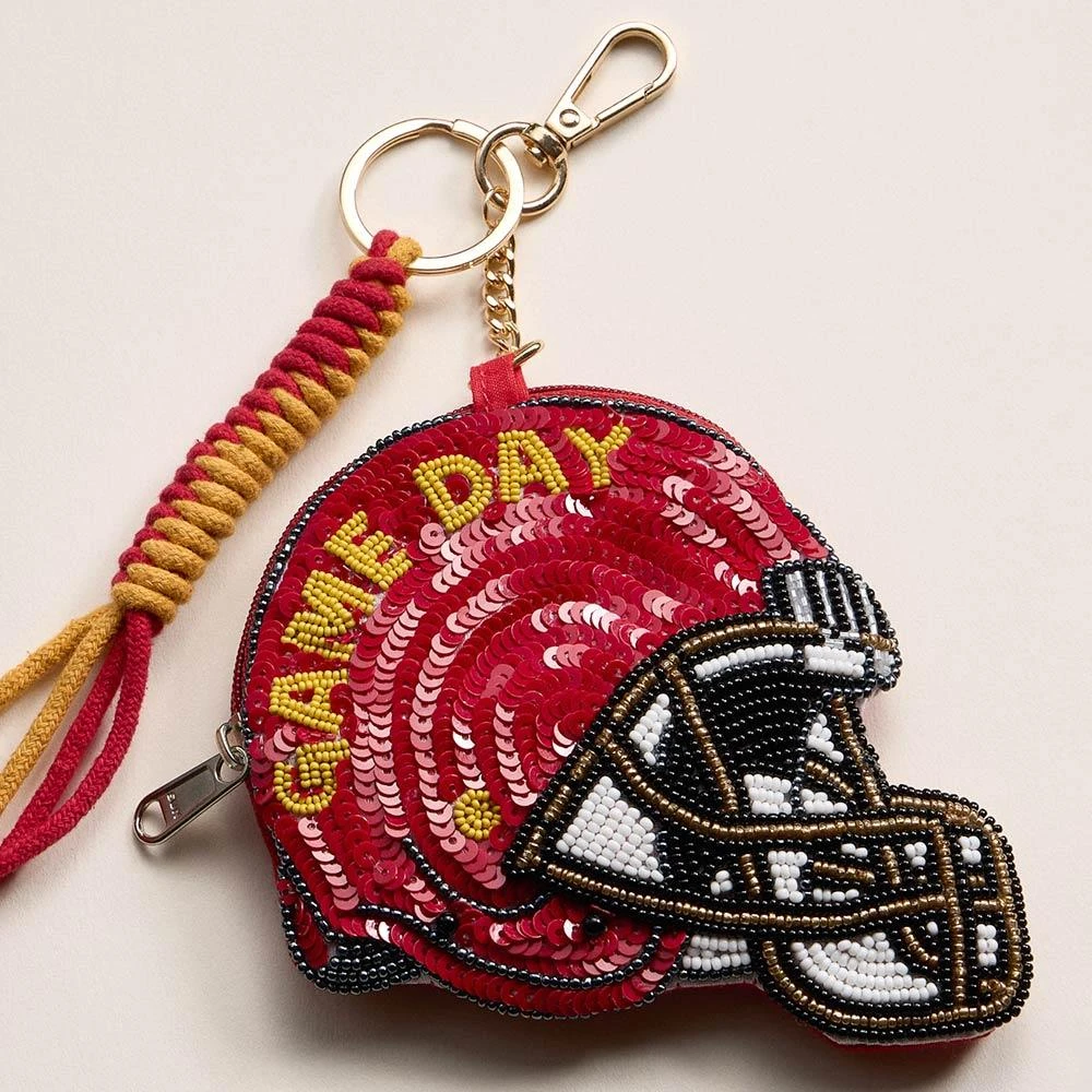FASHNZFAB USC GAME DAY Football Helmet Sequin Seed Beaded Knot Keychain Mini Pouch Bag