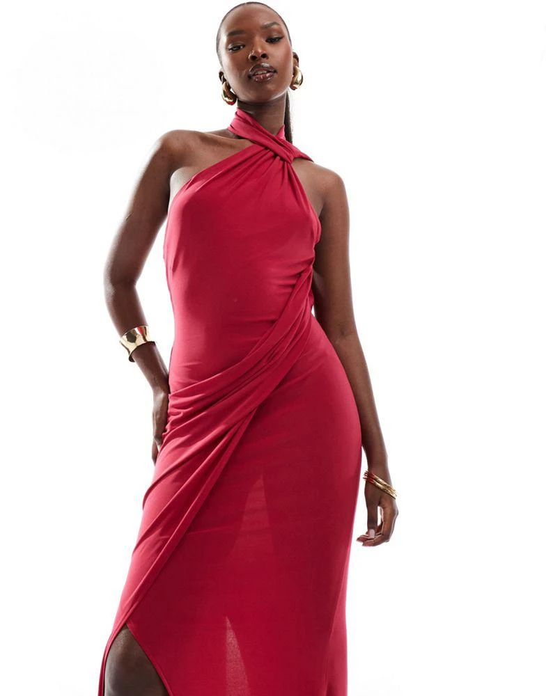 ASOS ASOS DESIGN one shoulder draped maxi dress with tie detail in raspberry 4