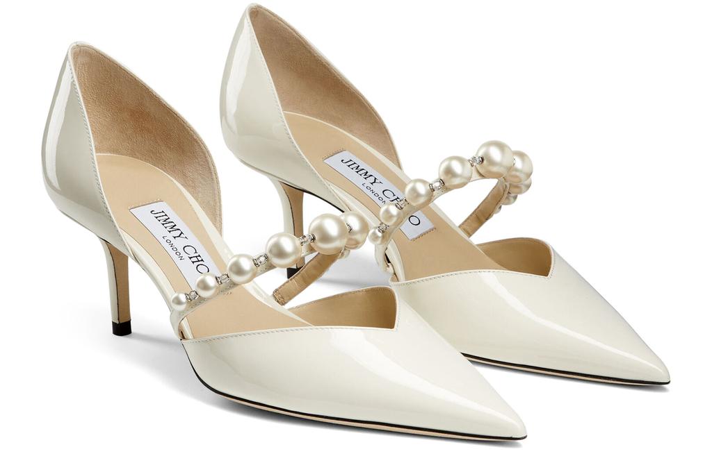 Latte Patent Leather Pointed Pumps with Pearl Embellishment | AURELIE 65 |  High Summer 2021 | JIMMY CHOO