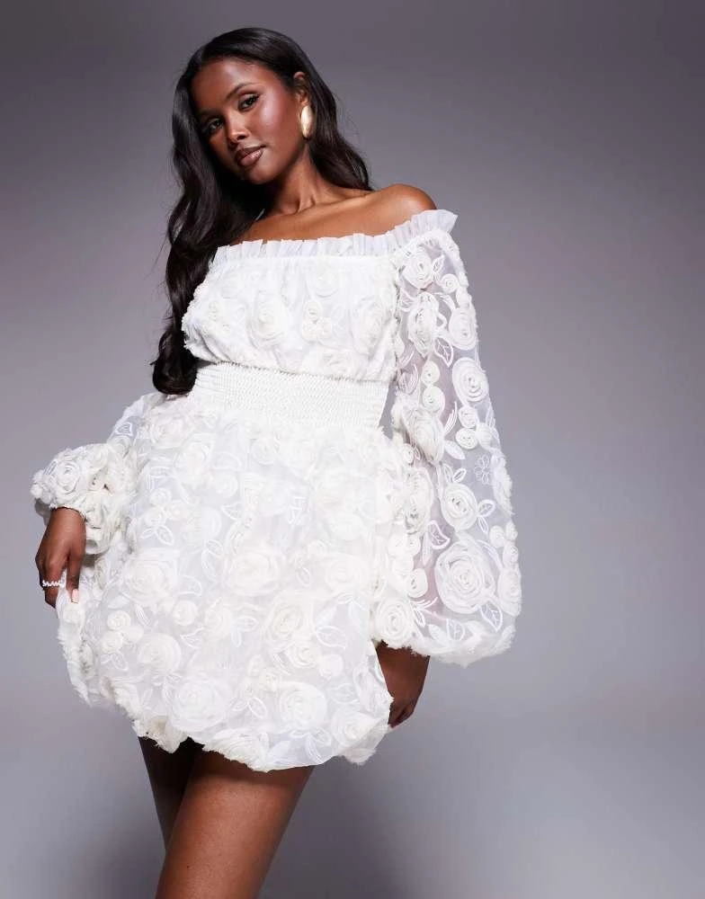 ASOS LUXE 3D floral textured embroidered mini dress with bubble hem in White