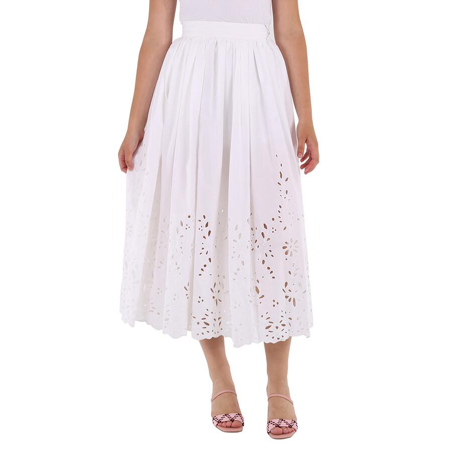 Chloé Ladies White Broderie Anglaise Flared Embroidered Midi Skirt