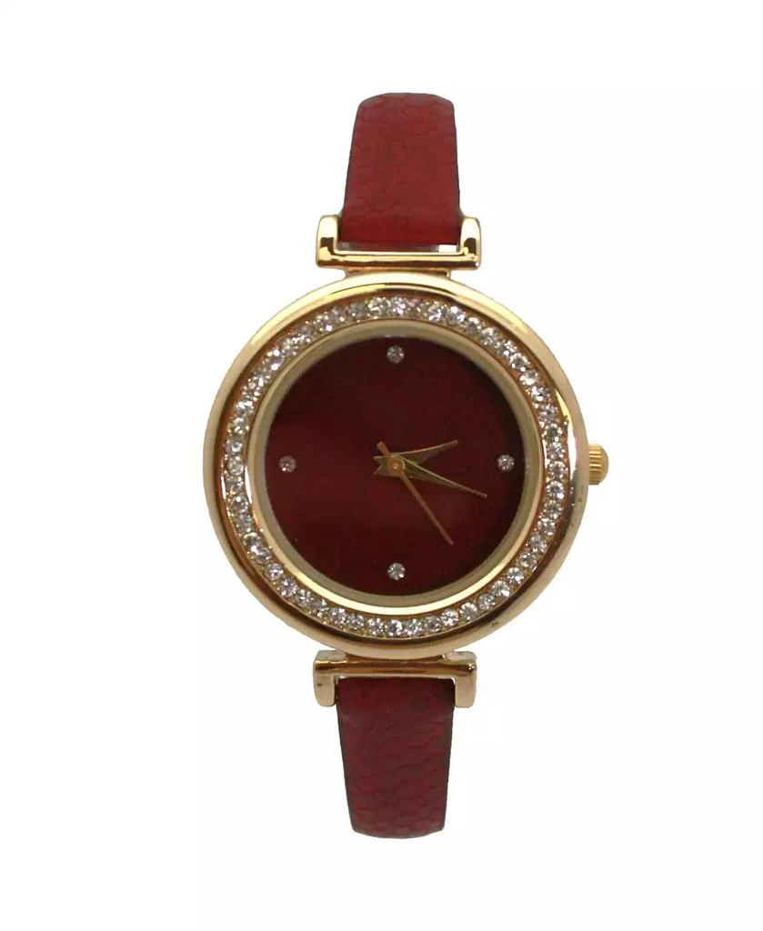 Olivia Pratt Burgundy Thin Solid Color Strap and Rhinestones Women Watch 1
