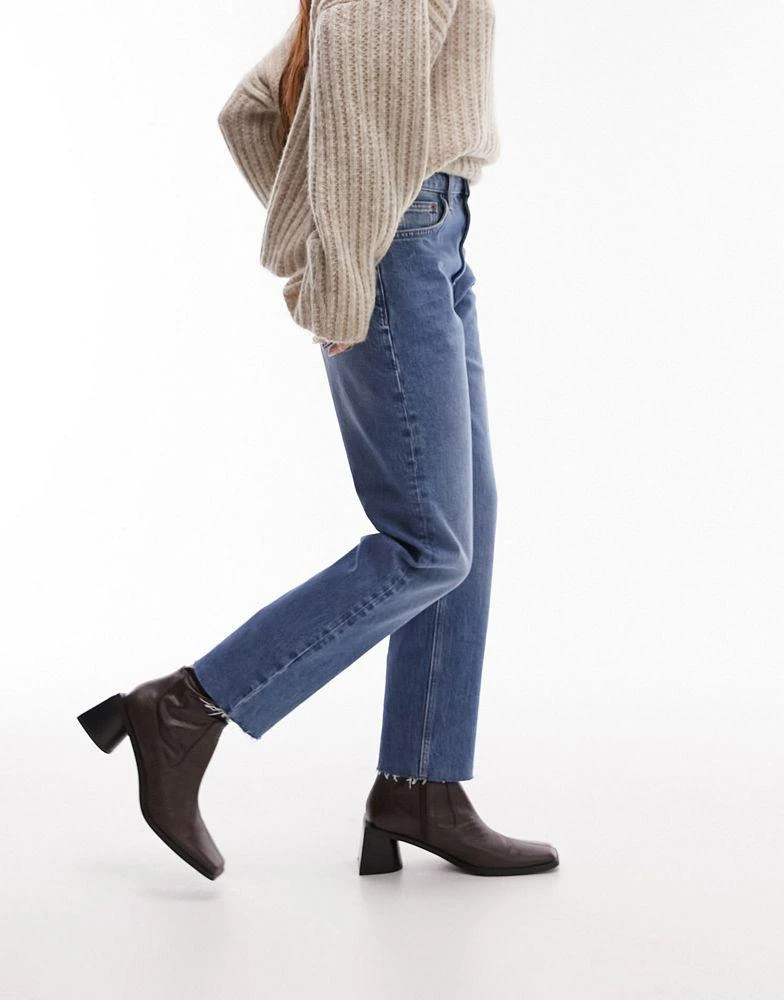 Topshop Topshop mid rise straight cropped jean with raw hems in mid blue 3