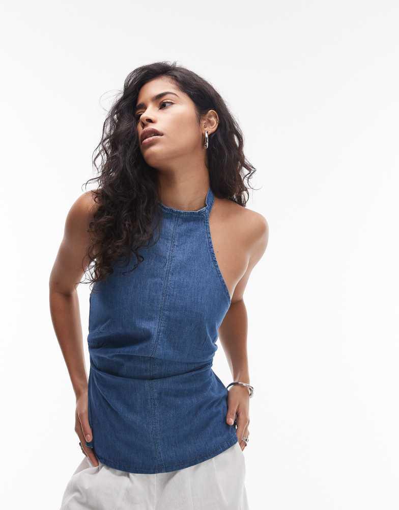 Topshop Topshop denim peplum halter top in indigo