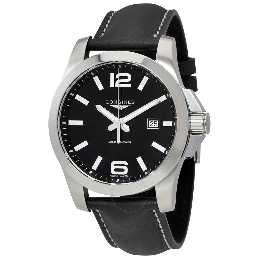 Longines Conquest Black Dial Black Leather Men's 43mm Watch L37604563 1