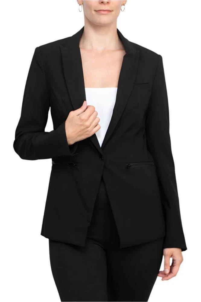TRUEDAMES Lapel Collar One Button Closure Long Sleeve Woven Blazer With Zipper Pocket